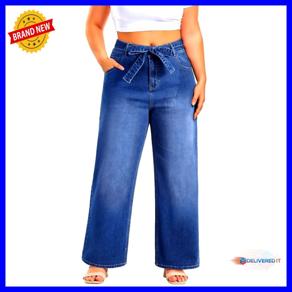 Plus Size Wide Leg Jeans High Waist Stretchy Denim Pants With Belt